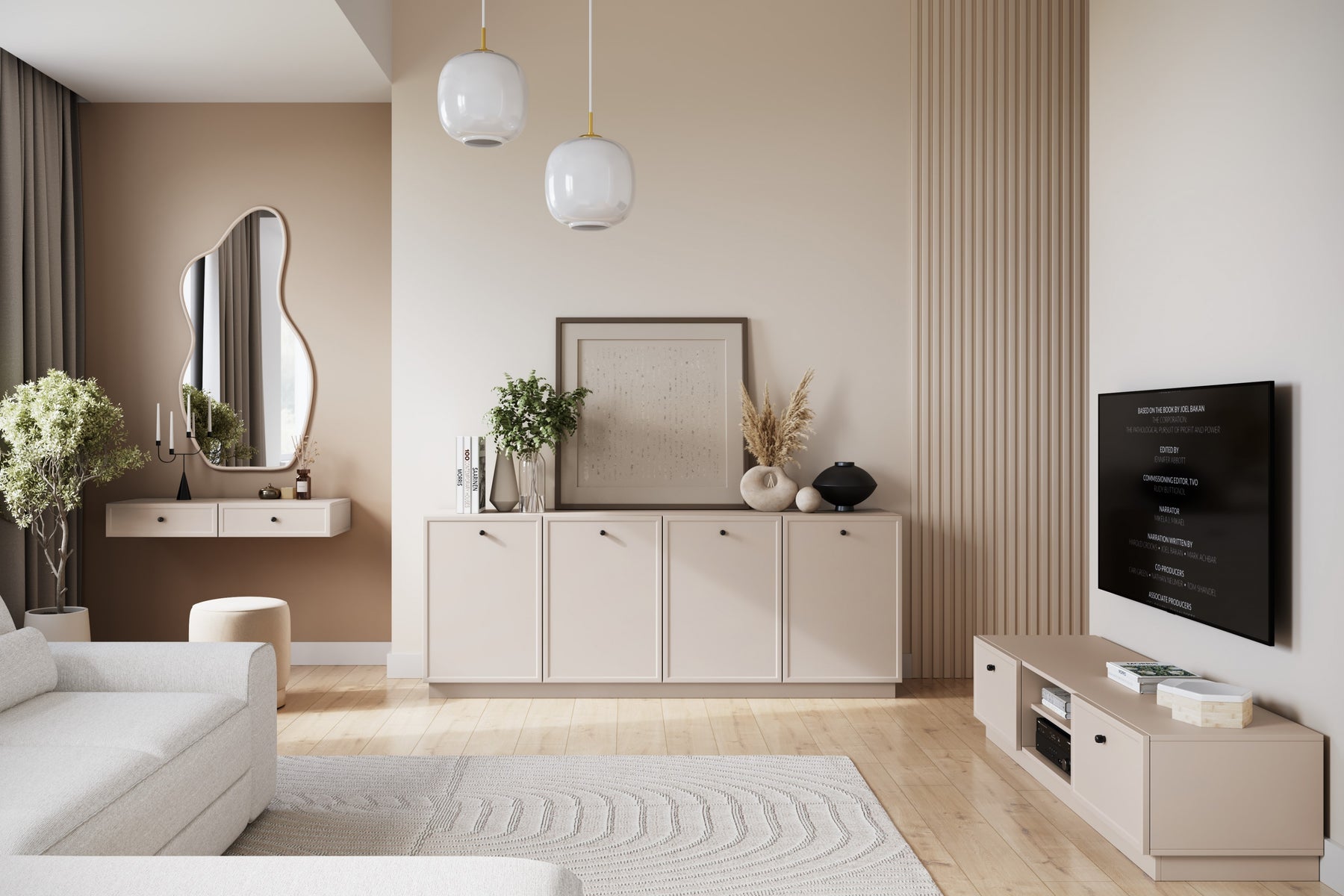 Mobile TV 2 cassetti cashmere con maniglie nere Lora 150 cm