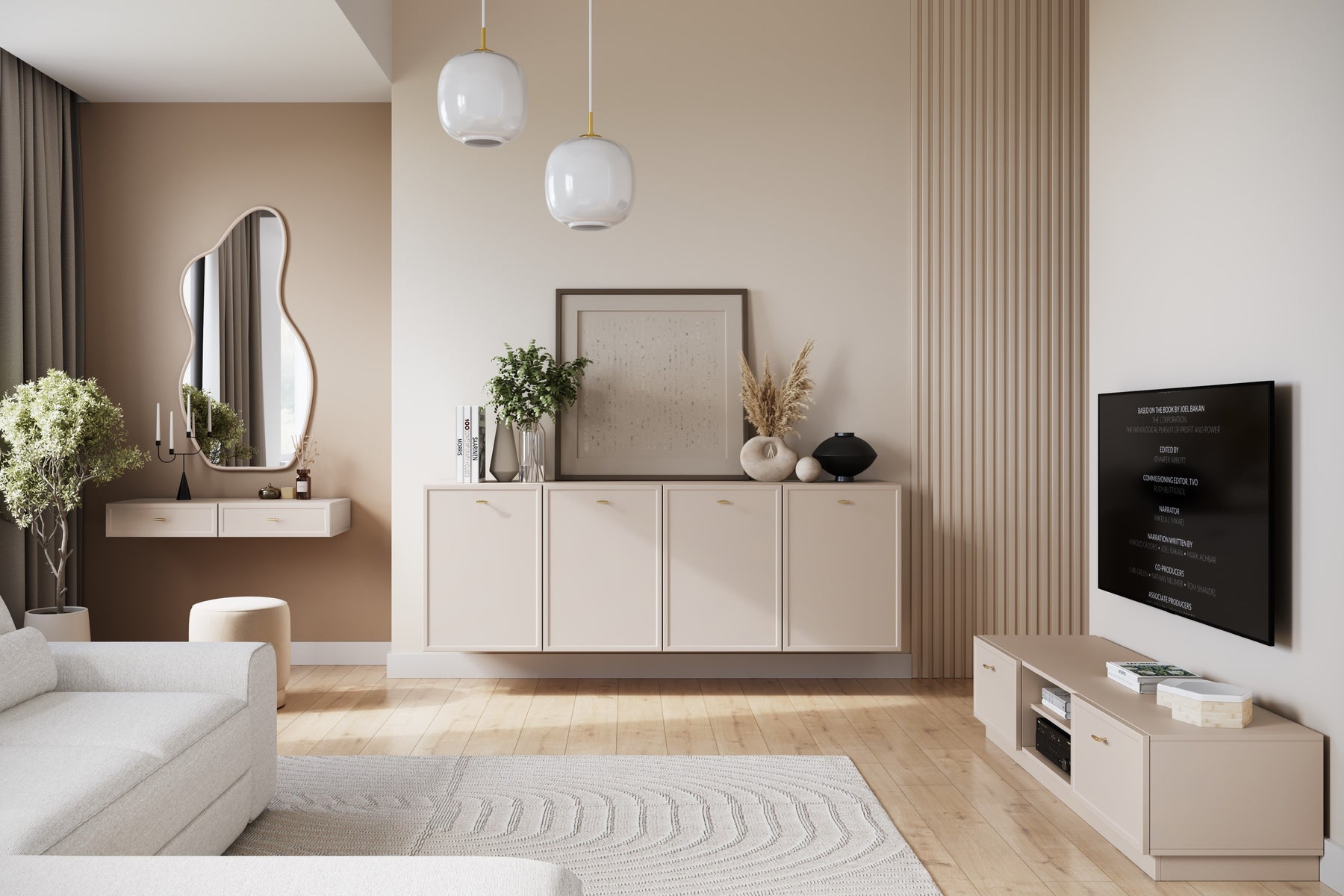 Mobile TV 2 cassetti cashmere con maniglie oro Lora 150 cm