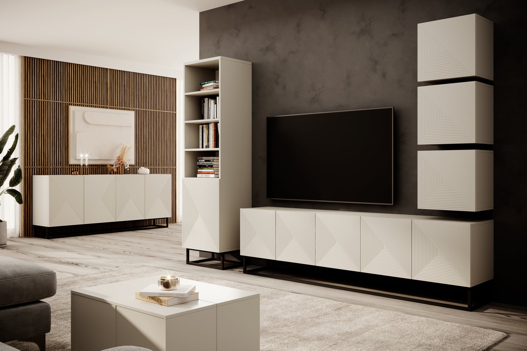 Mobile TV sospeso 5 ante in legno laminato Asha 200 x 40 cm