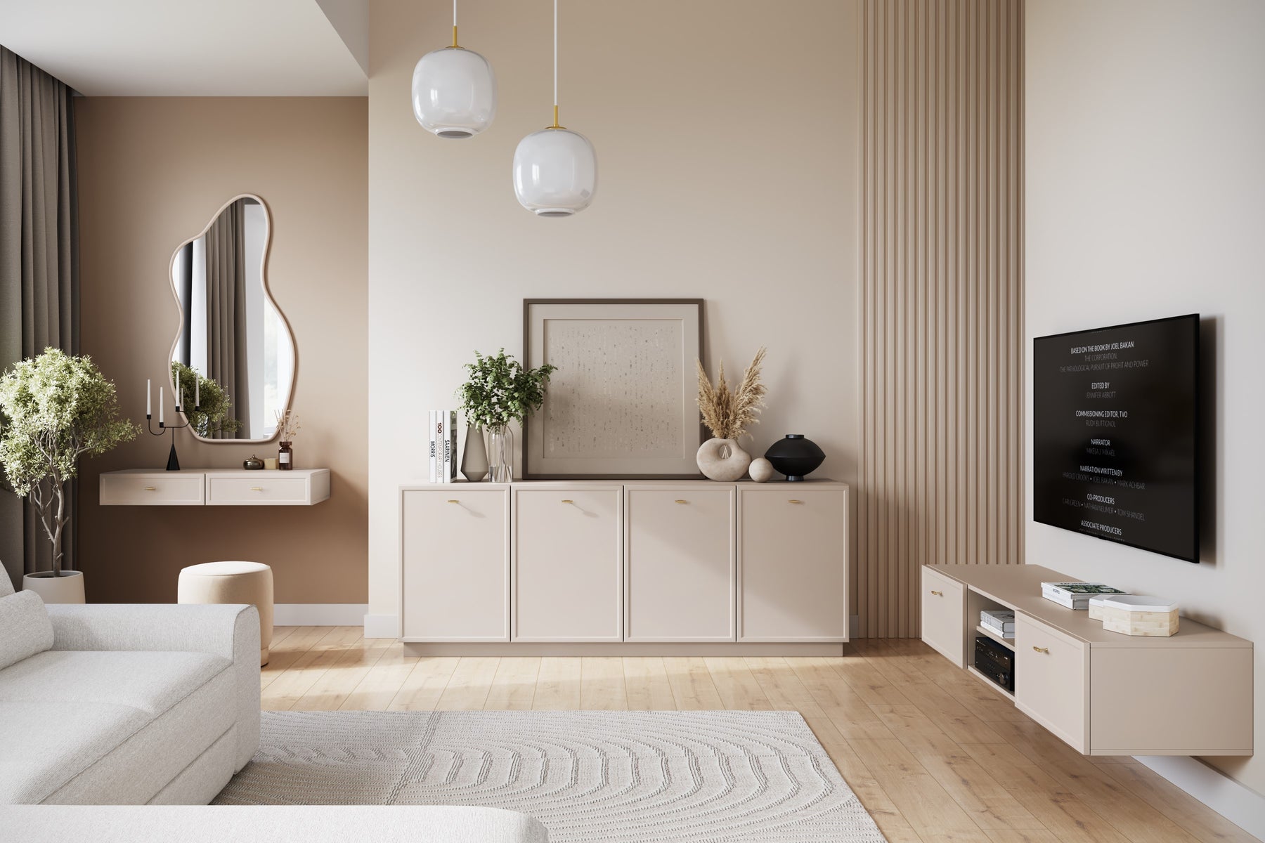 Mobile TV 2 cassetti cashmere con maniglie oro Lora 150 cm