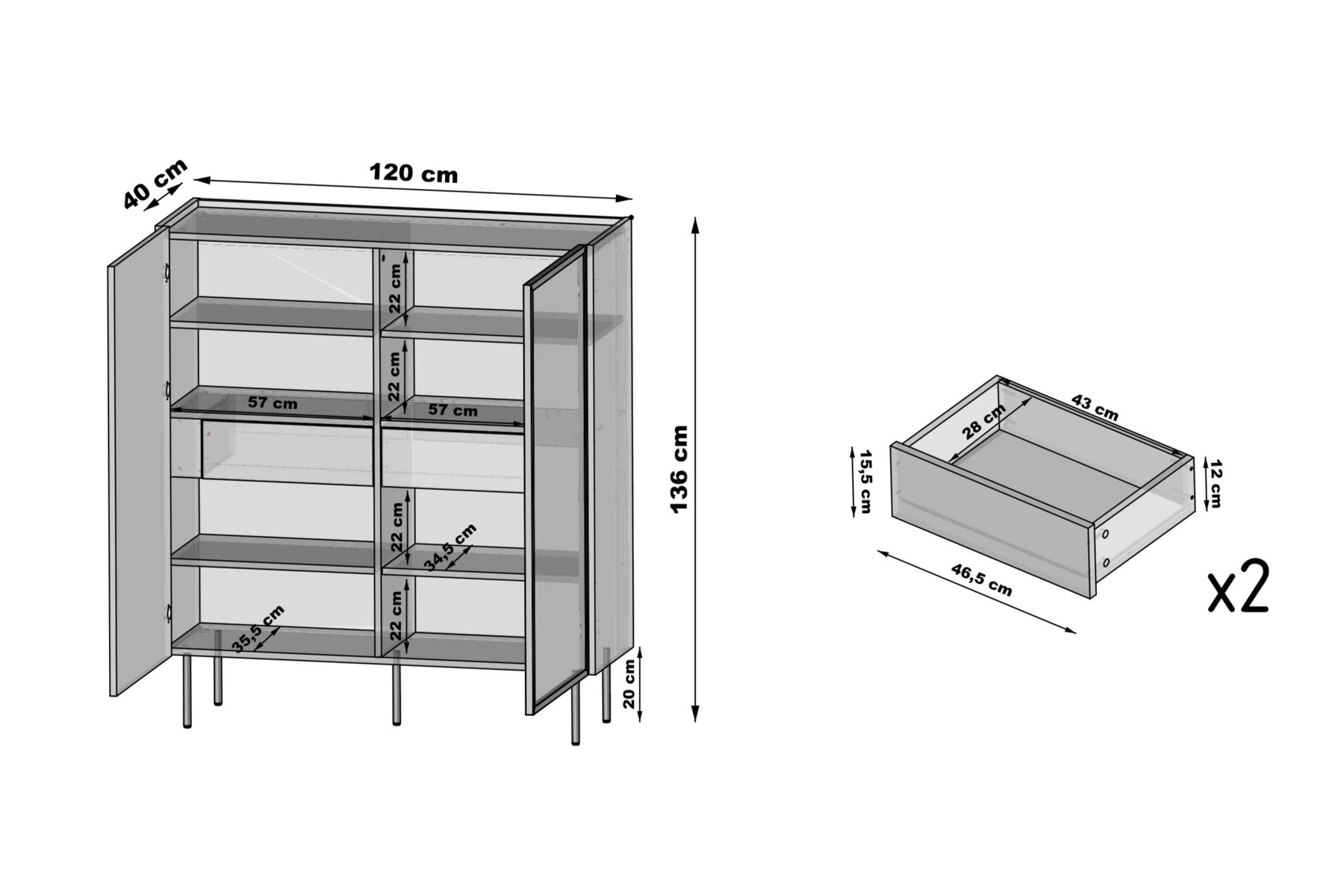 Credenza 2 ante e 2 cassetti con gambe in metallo Ohra 120 x 40 cm