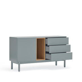 Madia in legno massello laccato grigio perla 3 cassetti 1 anta Corvo di Teulat 140x40 cm