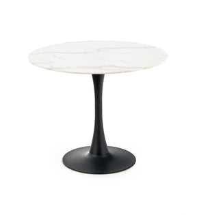 Tavolo tondo vetro effetto marmo bianco con piede in acciaio nero Ambrosio Ø 90 cm