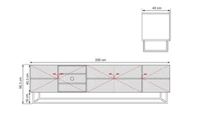 Mobile TV 5 ante in legno laminato con piede in metallo Asha 200 x 40 cm