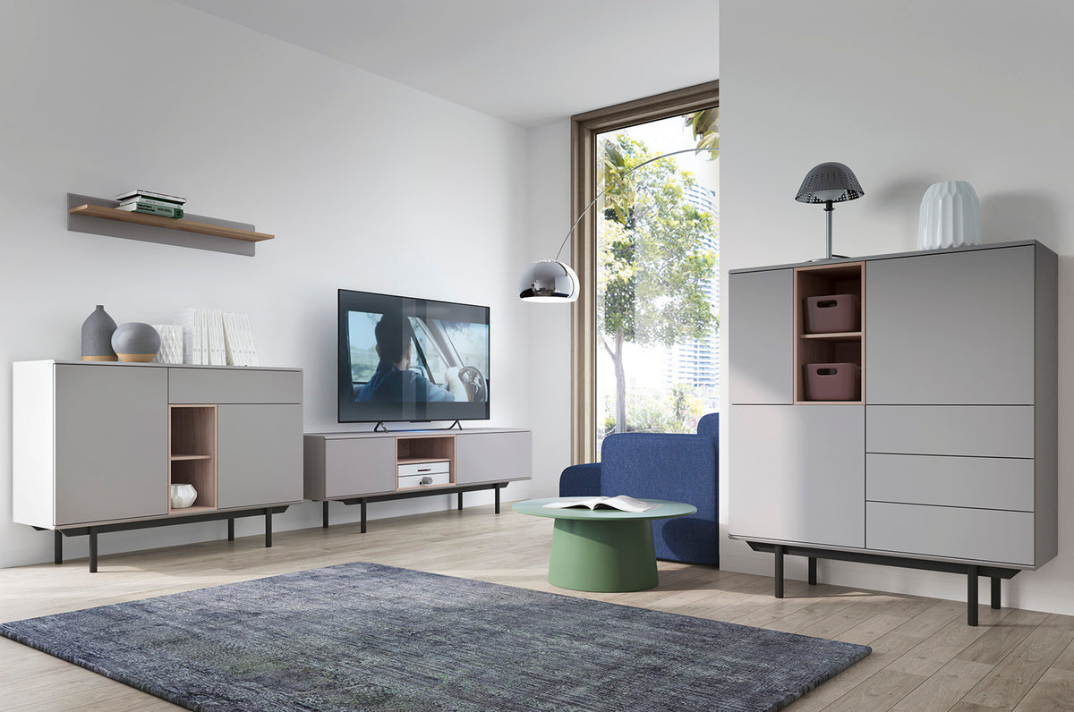 Mobile Tv grigio con piedi 2 ante in legno laminato - Fogliano 150x40 cm