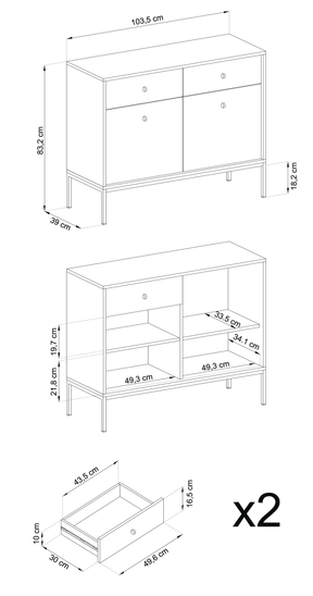 Madia con piedi in metallo 2 ante 2 cassetti in legno laminato Canterno 104x83 cm