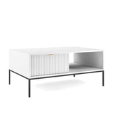 Tavolino Bianco con piedi in metallo 1 cassetto ed 1 vano in legno laminato 104 x 68 cm Miseno