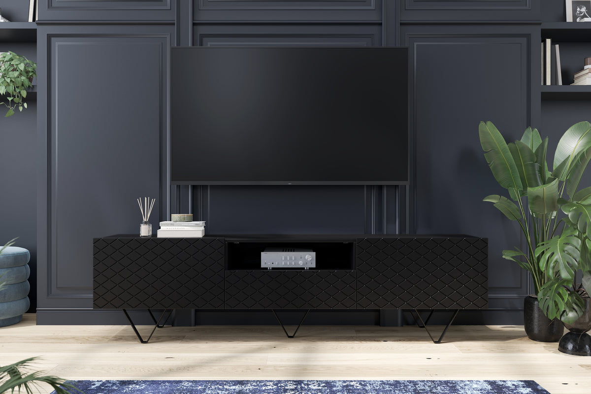 Mobile TV 2 ante a ribalta 1 cassetto con piede in metallo nero Scalia 190x42 cm