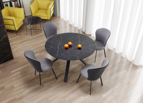 Tavolo tondo allungabile in vetro effetto marmo nero e piede in metallo nero Vertigo Ø 130 cm - allungabile a 180 cm
