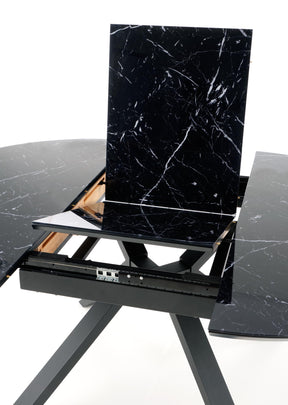 Tavolo tondo allungabile in vetro effetto marmo nero e piede in metallo nero Vertigo Ø 130 cm - allungabile a 180 cm