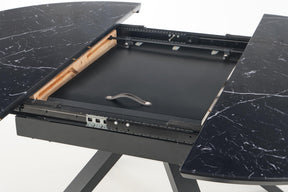 Tavolo tondo allungabile in vetro effetto marmo nero e piede in metallo nero Vertigo Ø 130 cm - allungabile a 180 cm