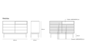 Cassettiera grigio perla 7 cassetti Corvo di Teulat 120x40 cm