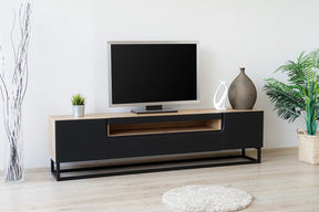 Mobile TV 2 ante 1 cassetto a ribalta in legno laminato con piede in metallo Loftia 200x37 cm